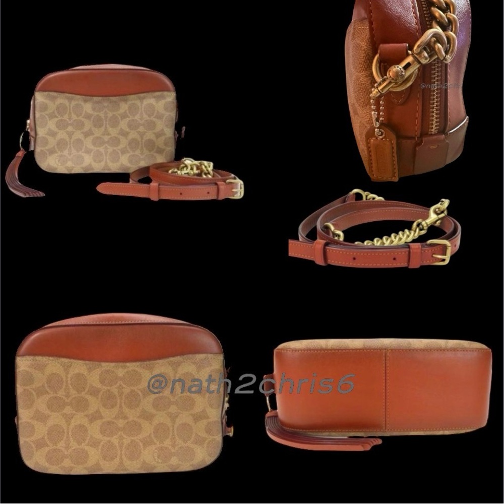 COACH Logo Print & Leather Camera Bag in Brown/Rust Burnished leather. - Picture 14 of 16